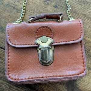 Rare Tiny Brown Leather Messenger Bag on 26" Gold Tone Chain-